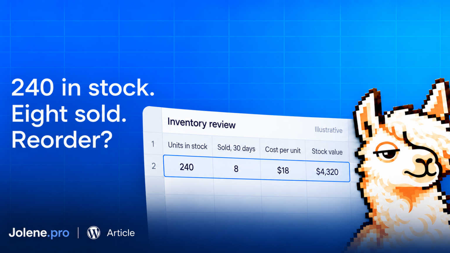 Inventory example showing 240 units on hand, eight sold in 30 days and $4,320 in stock at cost.