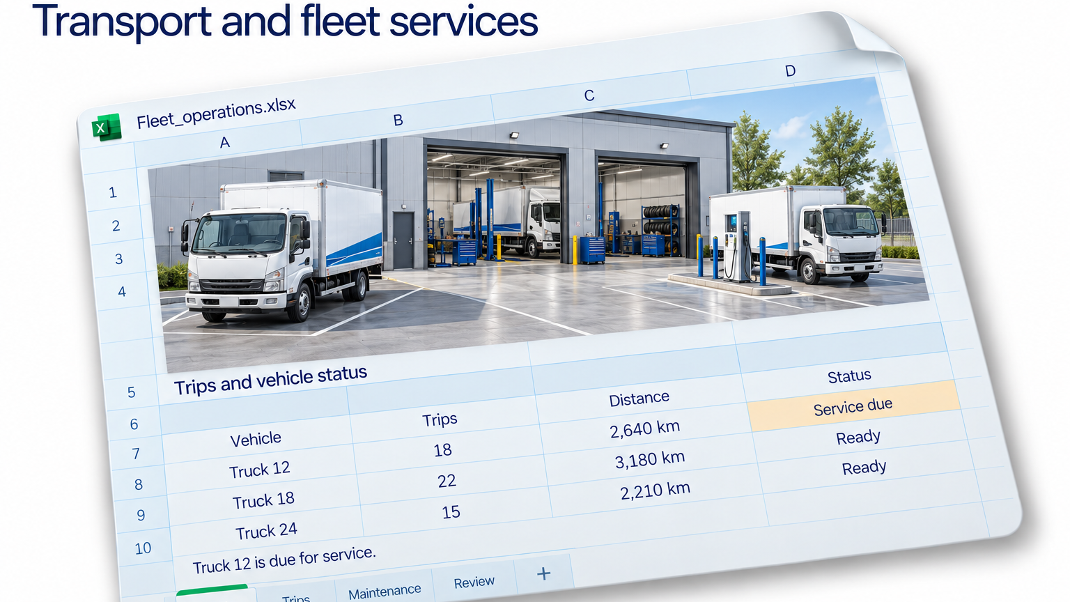 Fleet depot above a spreadsheet showing truck trip counts, distance traveled and a service-due status