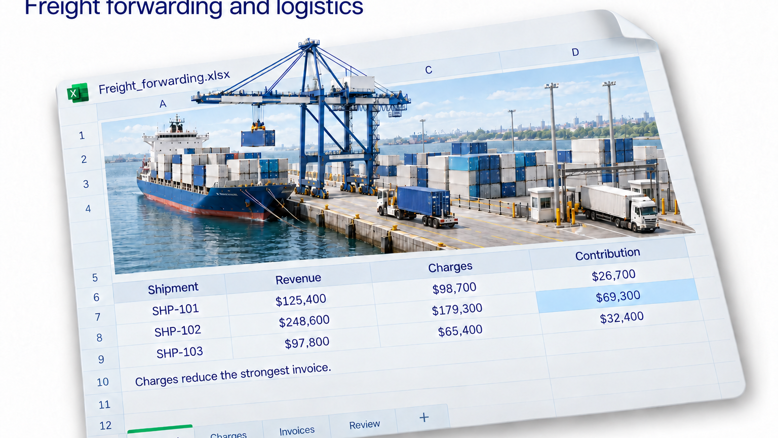 Freight port scene above a spreadsheet comparing shipment revenue, charges and direct contribution