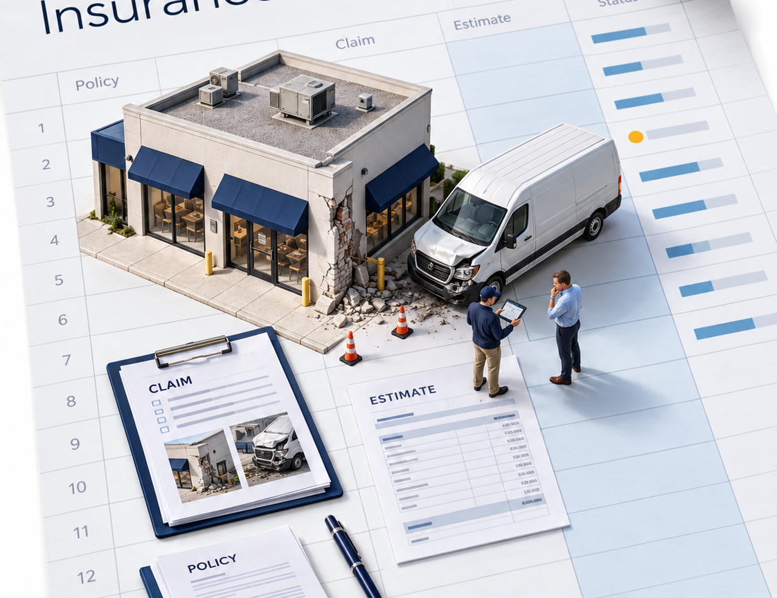 Commercial insurance claim scene on a spreadsheet with policy, claim, estimate and status columns