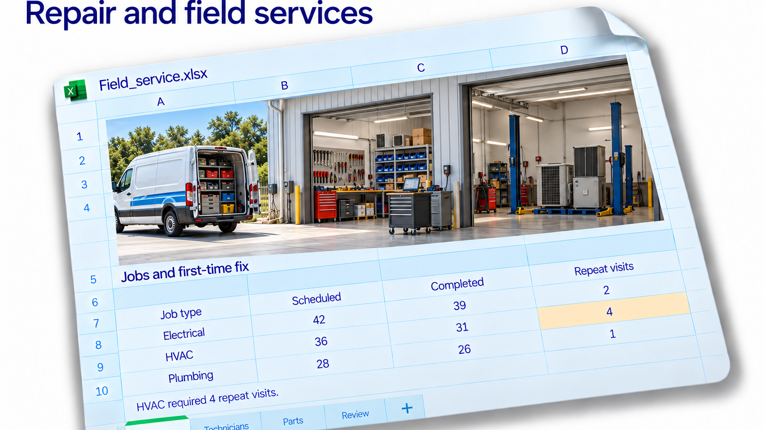 Field service workshop above a spreadsheet showing scheduled jobs, completed jobs and repeat visits